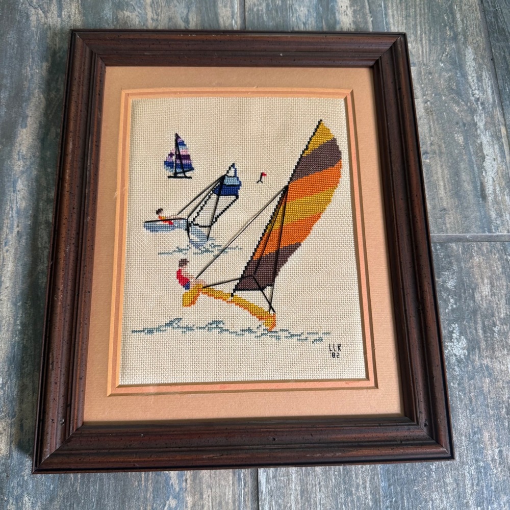 Vintage 1982 Windsurfing Cross Stitch Framed Art Signed LLR 82 Retro Coastal 80s